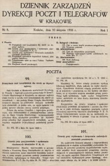 Dziennik Zarządzeń Dyrekcji Poczt i Telegrafów w Krakowie. 1933, nr 8