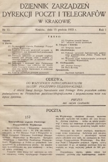 Dziennik Zarządzeń Dyrekcji Poczt i Telegrafów w Krakowie. 1933, nr 12