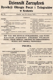 Dziennik Zarządzeń Dyrekcji Okręgu Poczt i Telegrafów w Krakowie. 1936, nr 13