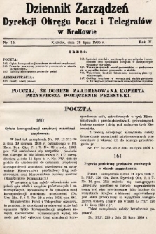 Dziennik Zarządzeń Dyrekcji Okręgu Poczt i Telegrafów w Krakowie. 1936, nr 15