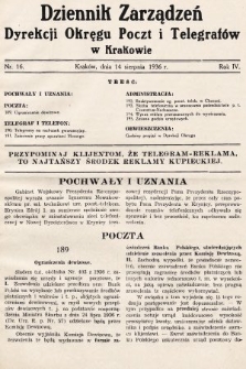 Dziennik Zarządzeń Dyrekcji Okręgu Poczt i Telegrafów w Krakowie. 1936, nr 16