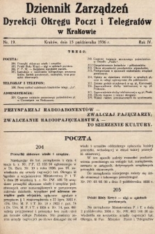 Dziennik Zarządzeń Dyrekcji Okręgu Poczt i Telegrafów w Krakowie. 1936, nr 19