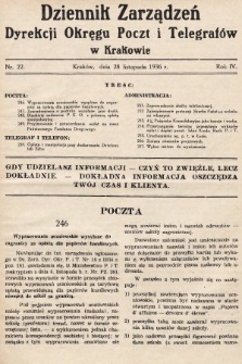 Dziennik Zarządzeń Dyrekcji Okręgu Poczt i Telegrafów w Krakowie. 1936, nr 22