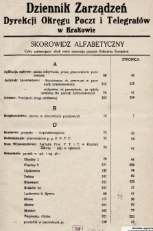 Dziennik Zarządzeń Dyrekcji Okręgu Poczt i Telegrafów w Krakowie. 1937, skorowidz