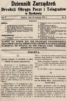 Dziennik Zarządzeń Dyrekcji Okręgu Poczt i Telegrafów w Krakowie. 1937, nr 8
