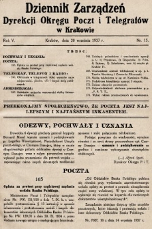 Dziennik Zarządzeń Dyrekcji Okręgu Poczt i Telegrafów w Krakowie. 1937, nr 15