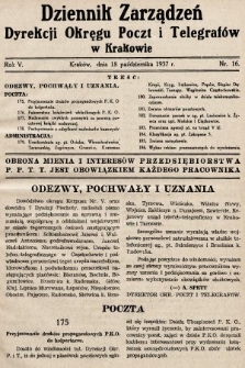 Dziennik Zarządzeń Dyrekcji Okręgu Poczt i Telegrafów w Krakowie. 1937, nr 16