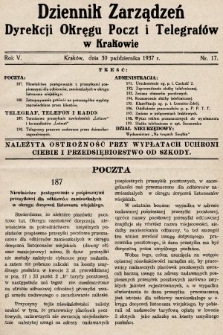 Dziennik Zarządzeń Dyrekcji Okręgu Poczt i Telegrafów w Krakowie. 1937, nr 17