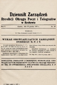 Dziennik Zarządzeń Dyrekcji Okręgu Poczt i Telegrafów w Krakowie. 1937, nr 20
