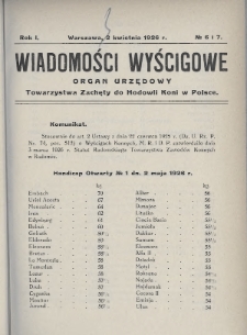 Wiadomości Wyścigowe : organ urzędowy Towarzystwa Zachęty do Hodowli Koni w Polsce. 1926, nr 6-7