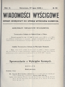 Wiadomości Wyścigowe : organ urzędowy do spraw wyścigów konnych. 1928, nr 28