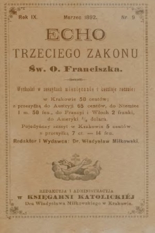 Echo Trzeciego Zakonu Św. o. Franciszka. R. 9, 1892, nr 9