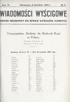 Wiadomości Wyścigowe : organ urzędowy do spraw wyścigów konnych. 1929, nr 3