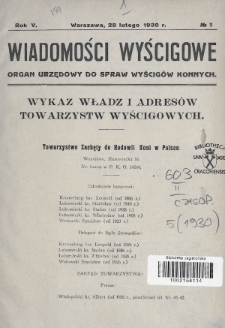 Wiadomości Wyścigowe : organ urzędowy do spraw wyścigów konnych. 1930, nr 1