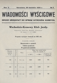 Wiadomości Wyścigowe : organ urzędowy do spraw wyścigów konnych. 1930, nr 5