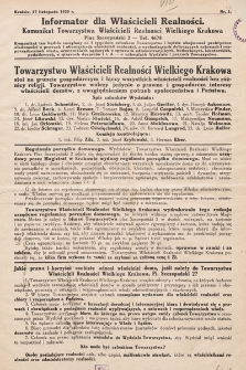 Informator dla Właścicieli Realności : komunikat Towarzystwa Właścicieli Realności Wielkiego Krakowa. 1929, nr 1
