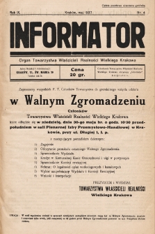 Informator : organ Towarzystwa Właścicieli Realności Wielkiego Krakowa. 1937, nr 4