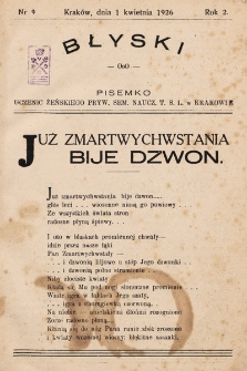 Błyski : pisemko uczenic Żeńskiego Prywatnego Seminarium Nauczycielskiego Towarzystwa Szkoły Ludowej w Krakowie, R. 2, 1926, nr 9