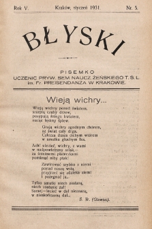 Błyski : pisemko uczenic Żeńskiego Prywatnego Seminarium Nauczycielskiego Towarzystwa Szkoły Ludowej w Krakowie, R. 5, 1931, nr 5