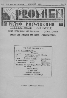 Promień : pismo poświęcone literaturze ludowej oraz sprawom kulturalno-oświatowym : organ Lud. Związku Art. Liter. „Promienistych”. 1929, nr 5