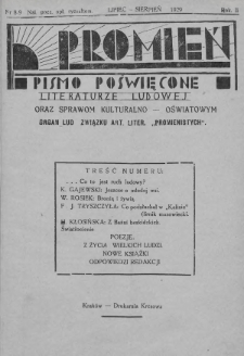 Promień : pismo poświęcone literaturze ludowej oraz sprawom kulturalno-oświatowym : organ Lud. Związku Art. Liter. „Promienistych”. 1929, nr 8-9