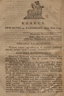 Krakus : towarzysz liberalny Pszczółki Krakowskiej : pismo [...] poświęcone narodowości i polityce, tudzież dziennym zdarzeniom w kraju i stolicy Rzeczypospolitej Krakowskiej. T. 4, 1822, nr 213