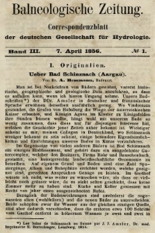 Balneologische Zeitung : Correspondenzblatt der deutschen Gesellschaft für Hydrologie. Bd. 3, 1856, nr 1
