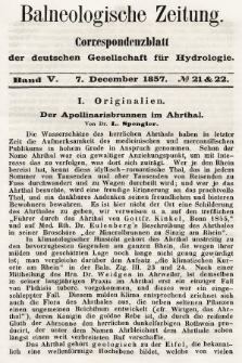 Balneologische Zeitung : Correspondenzblatt der deutschen Gesellschaft für Hydrologie. Bd. 5, 1857, nr 21-22