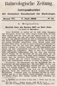 Balneologische Zeitung : Correspondenzblatt der deutschen Gesellschaft für Hydrologie. Bd. 6, 1858, nr 21