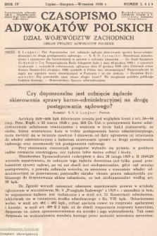 Czasopismo Adwokatów Polskich : Dział Województw Zachodnich : organ Związku Adwokatów Polskich. 1930, nr 7, 8 i 9