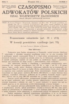 Czasopismo Adwokatów Polskich : Dział Województw Zachodnich : organ Związku Adwokatów Polskich. 1931, nr 9
