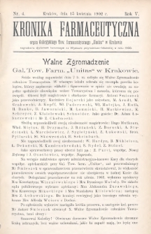 Kronika Farmaceutyczna : organ Galicyjskiego Towarzystwa Farmaceutycznego „Unitas” w Krakowie. 1902, nr 4