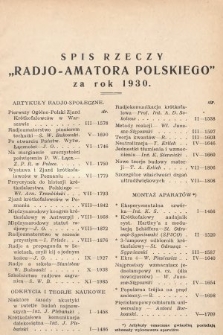 Radjo-Amator Polski : miesięcznik popularno-techniczny. 1930, spis rzeczy