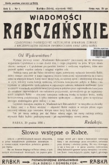 Wiadomości Rabczańskie : czasopismo poświęcone aktualnym sprawom zdroju z wyczerpującym działem informacyjnym oraz listą gości. 1937, nr 1