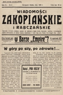 Wiadomości Zakopiańskie i Rabczańskie : czasopismo poświęcone aktualnym sprawom obu uzdrowisk z bogatą kroniką towarzyską i sportową, z wyczerpującym działem informacyjnym. 1938, nr 17