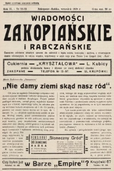 Wiadomości Zakopiańskie i Rabczańskie : czasopismo poświęcone aktualnym sprawom obu uzdrowisk z bogatą kroniką towarzyską i sportową, z wyczerpującym działem informacyjnym. 1938, nr 22-23