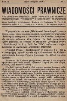 Wiadomości Prawnicze : wydawnictwo Księgarni Leona Frommera w Krakowie : dwumiesięcznik poświęcony bibliografji prawniczej. 1929, nr 7