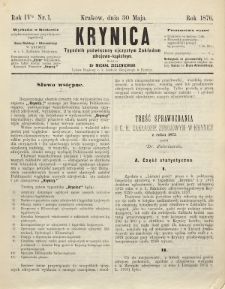 Krynica : tygodnik poświęcony ojczystym zakładom zdrojowo-kąpielowym. 1876, nr 1