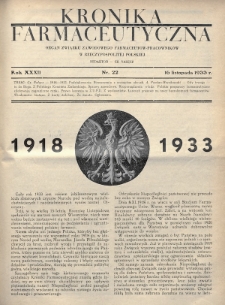 Kronika Farmaceutyczna : organ Związku Zawodowego Farmaceutów-Pracowników w Rzeczypospolitej Polskiej. 1933, nr 22