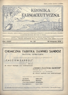 Kronika Farmaceutyczna : organ Związku Zawodowego Farmaceutów-Pracowników w Rzeczypospolitej Polskiej. 1936, nr 22