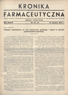 Kronika Farmaceutyczna : organ Związku Zawodowego Farmaceutów-Pracowników w Rzeczypospolitej Polskiej. 1937, nr 15-16