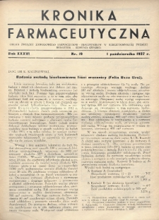 Kronika Farmaceutyczna : organ Związku Zawodowego Farmaceutów-Pracowników w Rzeczypospolitej Polskiej. 1937, nr 19