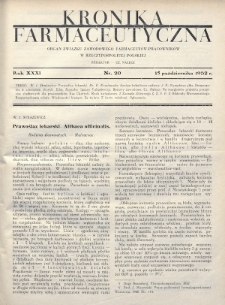 Kronika Farmaceutyczna : organ Związku Zawodowego Farmaceutów-Pracowników w Rzeczypospolitej Polskiej. 1932, nr 20
