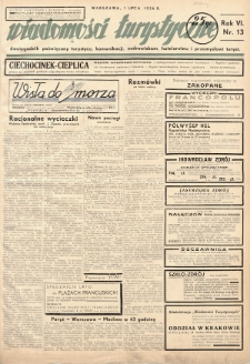 Wiadomości Turystyczne : dwutygodnik poświęcony turystyce, komunikacji, uzdrowiskom, hotelarstwu i przemysłowi turyst. R. 6, 1936, nr 13