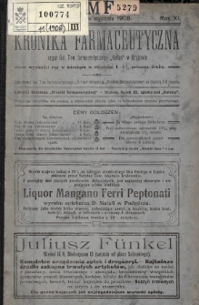 Kronika Farmaceutyczna : organ Galicyjskiego Tow. Farmaceutycznego „Unitas” w Krakowie. 1908, Spis rzeczy