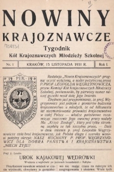 Nowiny Krajoznawcze : tygodnik kół krajoznawczych młodzieży szkolnej. 1931, nr 1