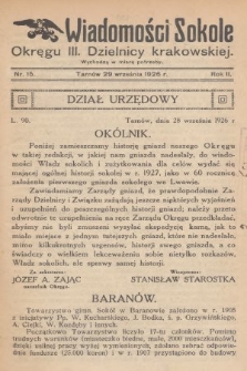 Wiadomości Sokole Okręgu III. Dzielnicy Krakowskiej. 1926, nr 15