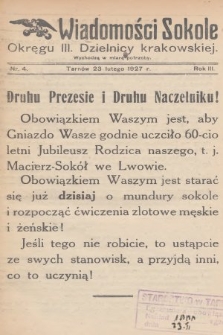 Wiadomości Sokole Okręgu III. Dzielnicy Krakowskiej. 1927, nr 4