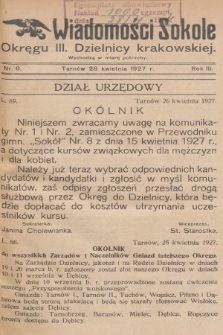 Wiadomości Sokole Okręgu III. Dzielnicy Krakowskiej. 1927, nr 6