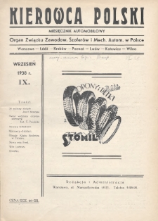 Kierowca Polski : miesięcznik automobilowy : organ Związku Zawodow. Szoferów i Mech. Autom. w Polsce. 1938, nr 9
